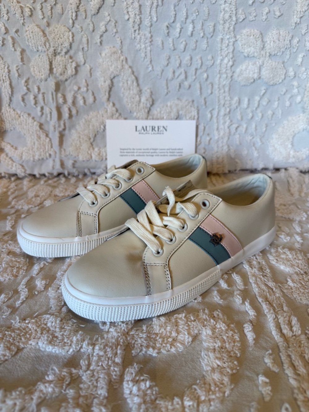 Lauren Ralph Lauren Cream Sneakers with Pink & Teal Stripes